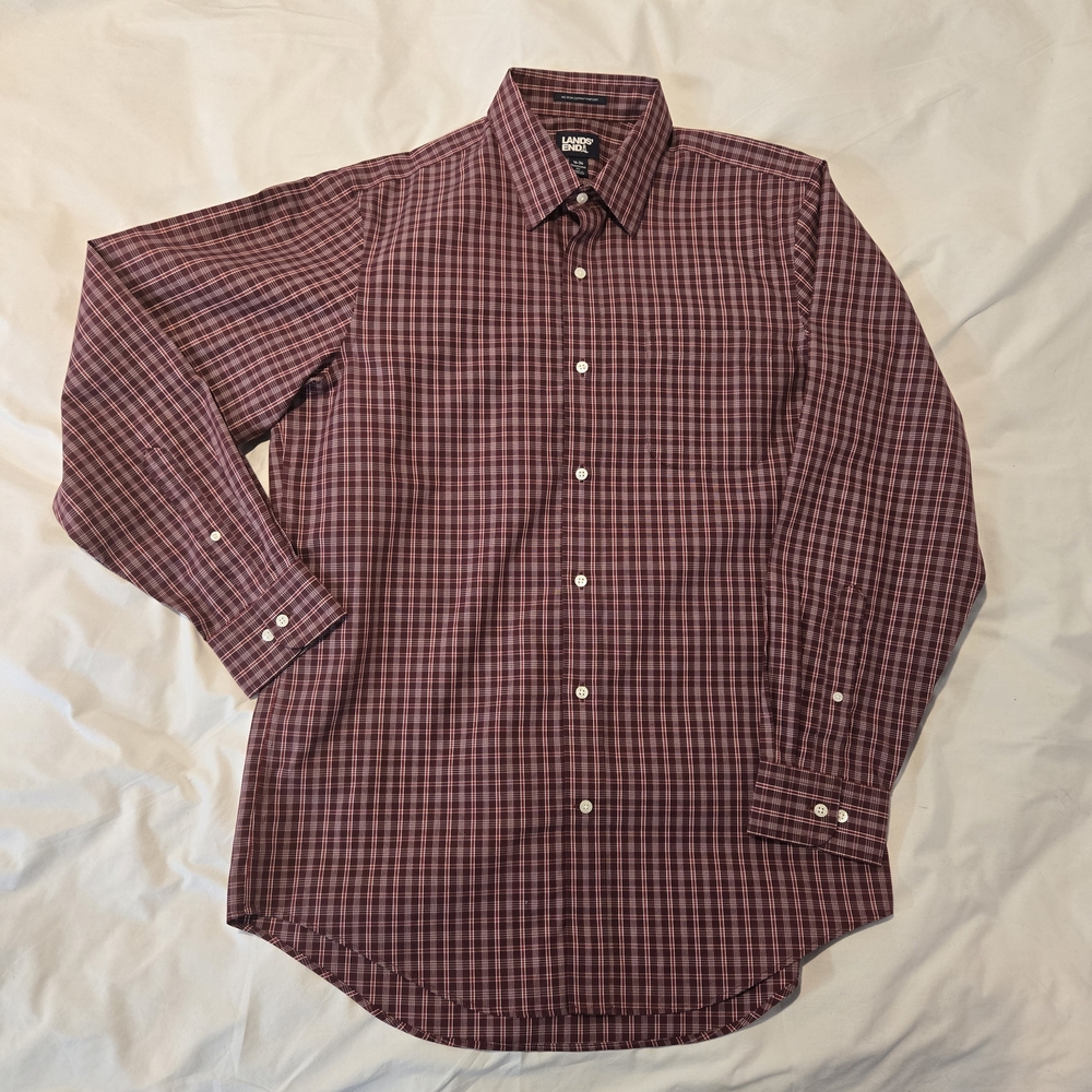 Lands' End Men's Red and Navy Check Dress Shirt